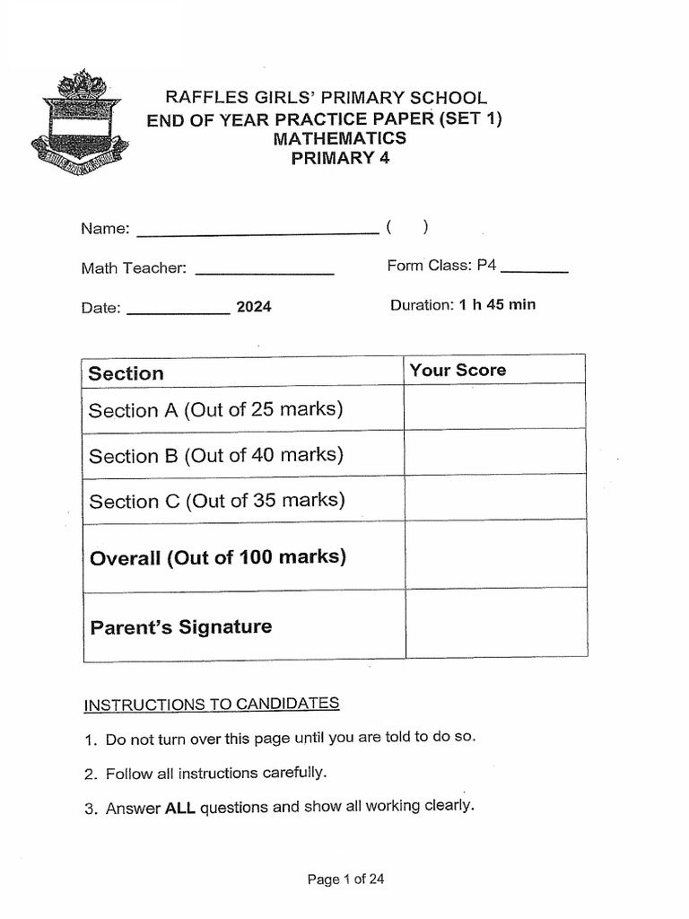 2024-P4-Maths-End of Year Exam Practice Set 1-Raffles Girls | PDF