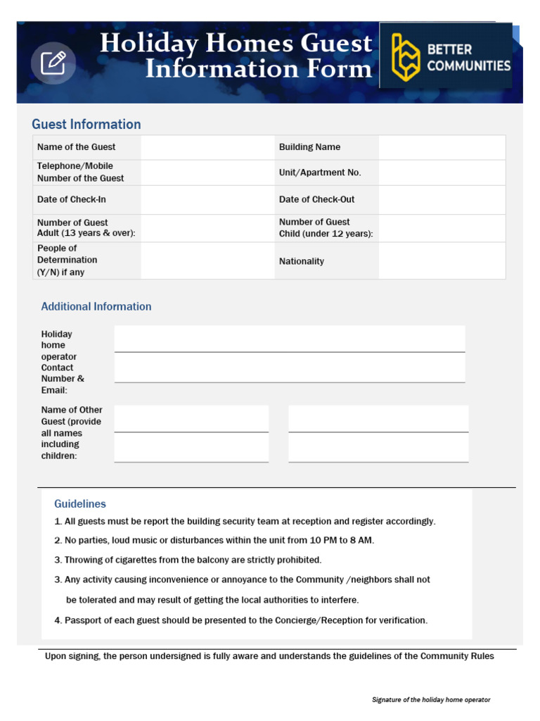 Holiday Home Guest Information Form | PDF