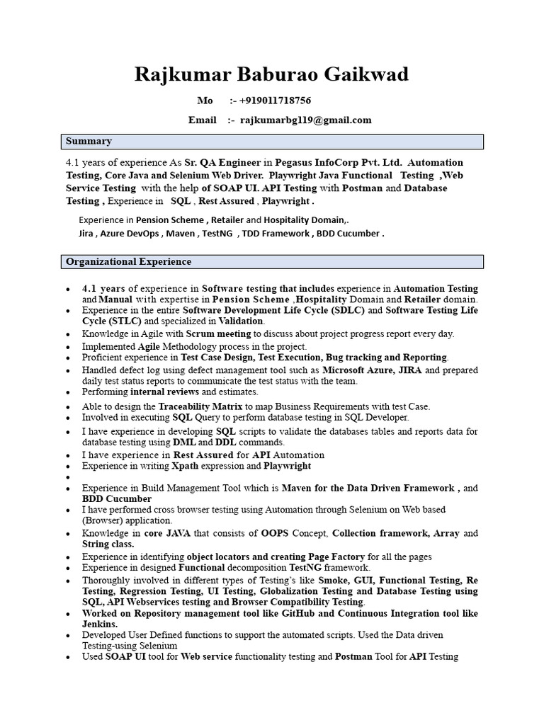 Sr. QA Engineer Resume - Automation Testing | PDF | Software Testing ...