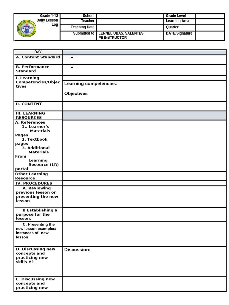 Daily Lesson Plan Template for PE | PDF