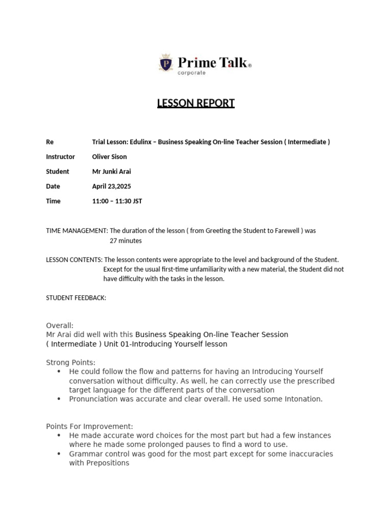 Business Speaking Lesson Report: Edulinx | PDF