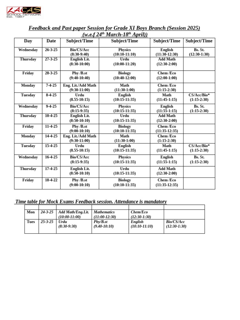 Grade XI Mock Exam Schedule 2025 | PDF