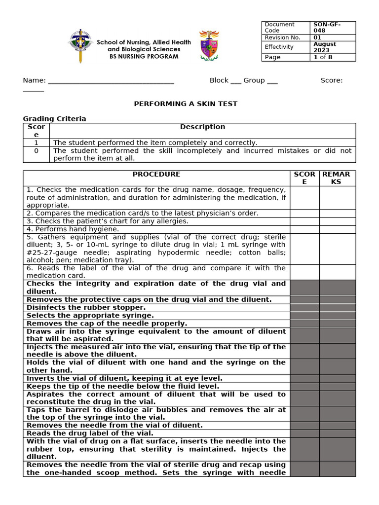 IM Injection Checklist and Scoring Guide | PDF | Injection (Medicine ...