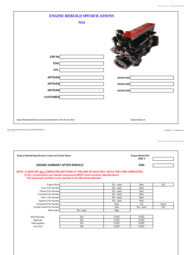 N14 Engine Rebuild Torque Specifications | PDF | Engines | Internal ...