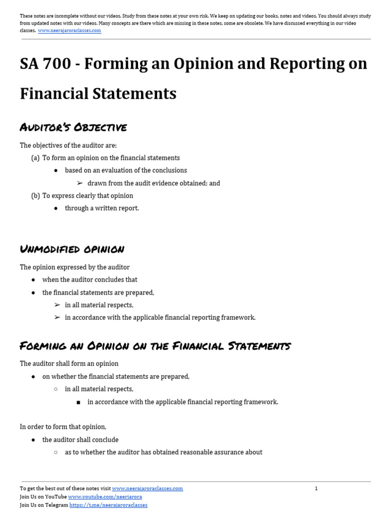 SA 700: Auditor's Opinion Guidelines | PDF | Auditor's Report | Audit
