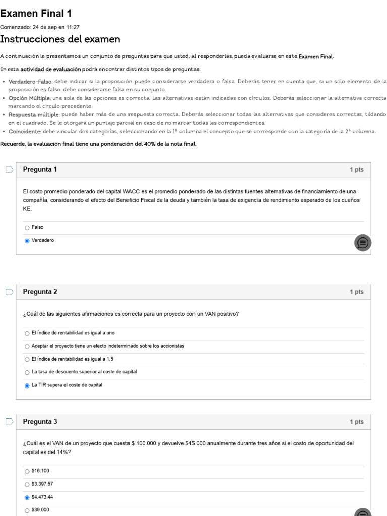 Examen Final: Finanzas a Largo Plazo | PDF | Diferencia | Tasa interna ...