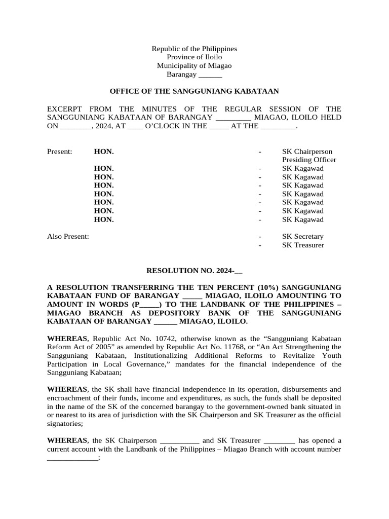 SK Fund Transfer Resolution Miagao | PDF | Government