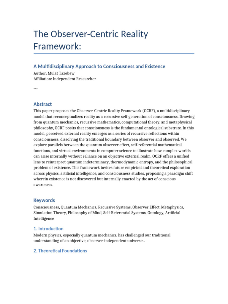 Observer Centric Reality Framework | PDF | Reality | Consciousness