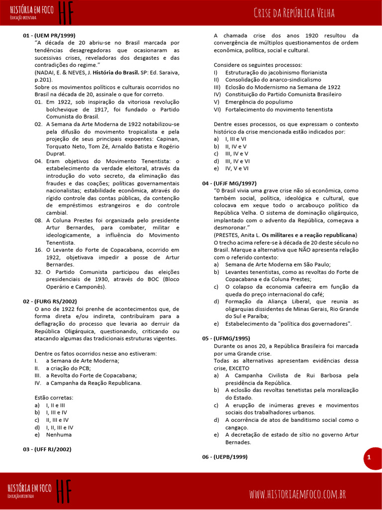QUESTÕES - Crise Na República Velha | PDF | República | Brasil