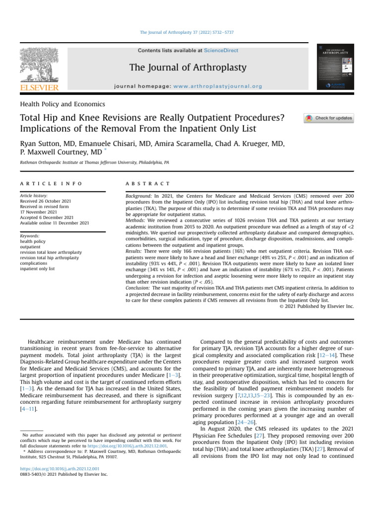 Total Hip and Knee Revisions Are Really Outpatient | PDF | Health ...