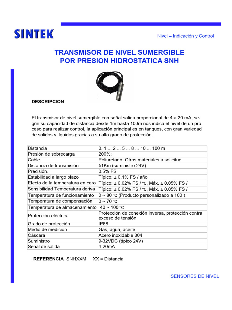 SNH Transmisor de Nivel Sumergible SINTEK | PDF