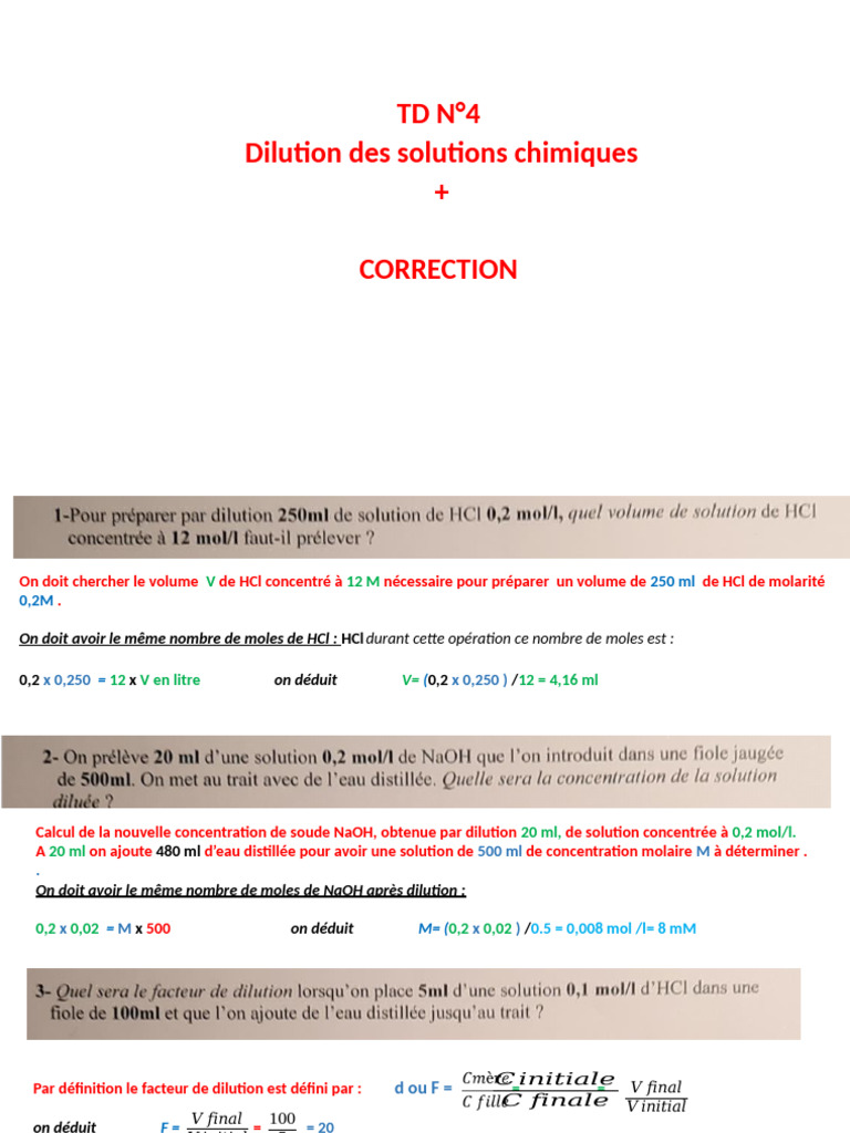 Dilution et préparation de solutions chimiques | PDF | Concentration ...