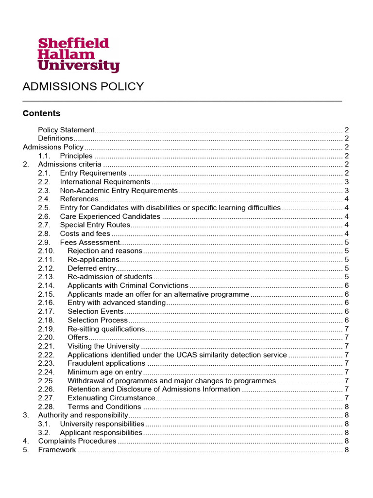 Sheffield Hallam Admissions Policy Overview | PDF | University And ...