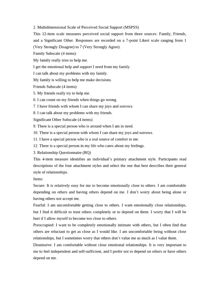 MSPSS and Relationship Questionnaire Guide | PDF