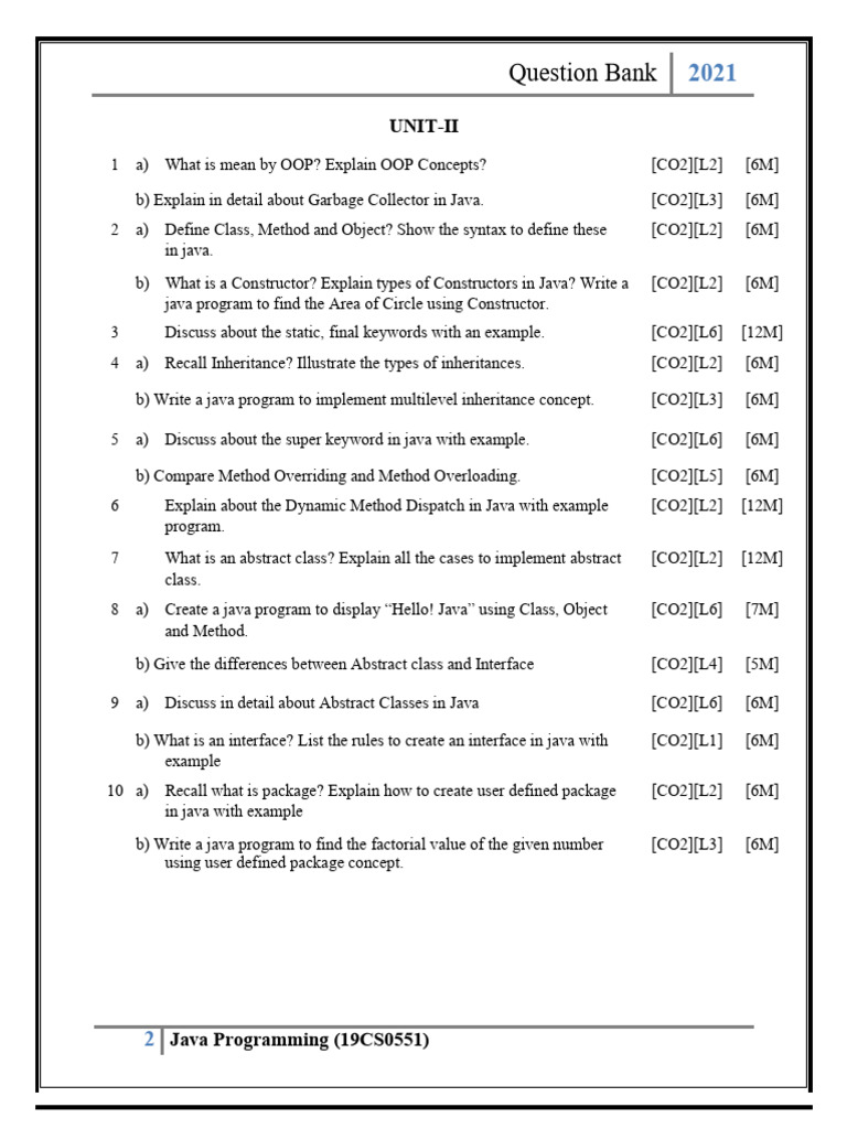 Java Programming Question Bank 2021 | PDF | Method (Computer ...