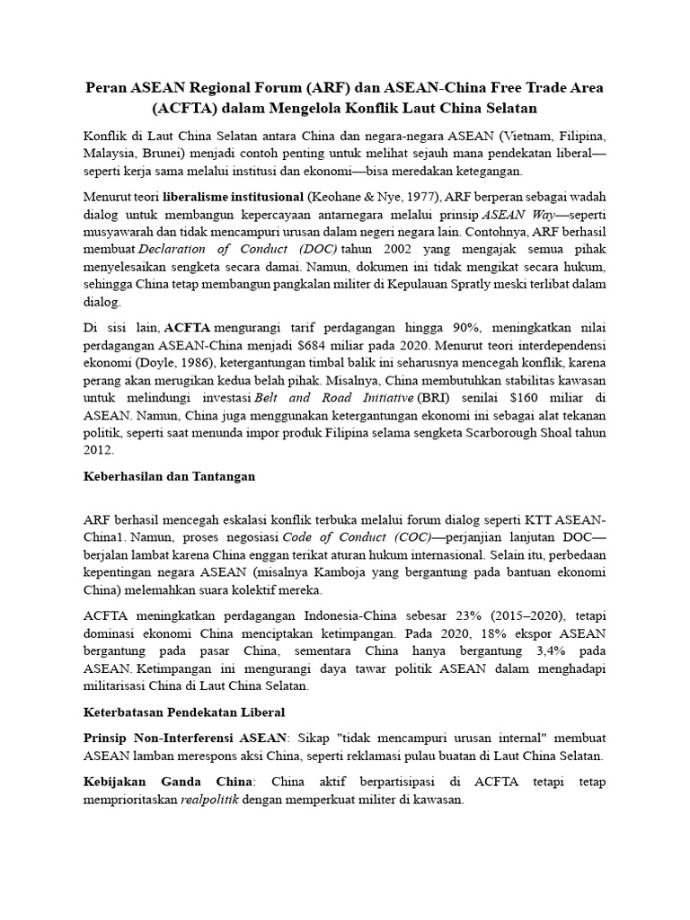 Peran ASEAN Regional Forum (ARF) dan ASEAN-China Free Trade Area (ACFTA ...