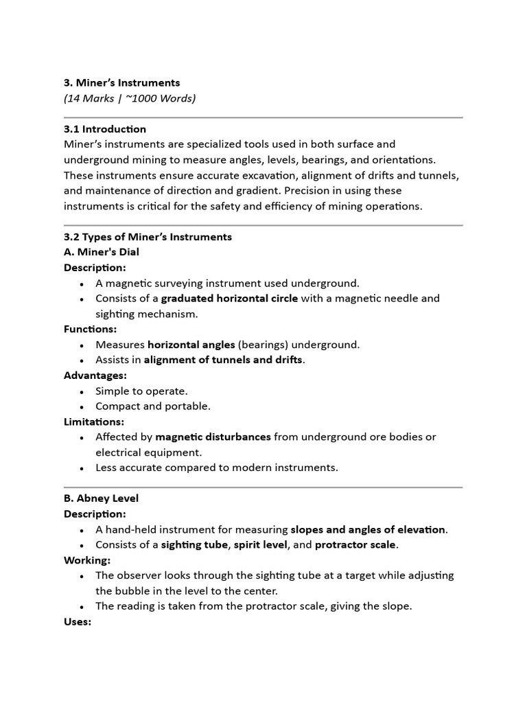 Essential Miner’s Instruments Overview | PDF | Compass | Surveying