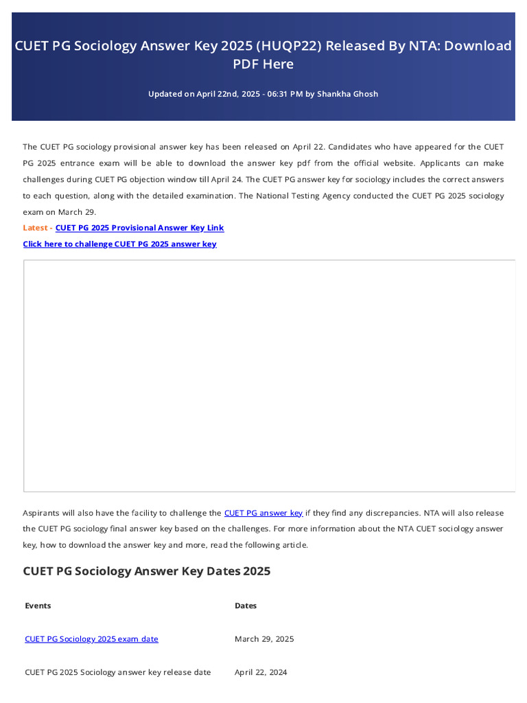 CUET PG Sociology Answer Key 2025 Released | PDF