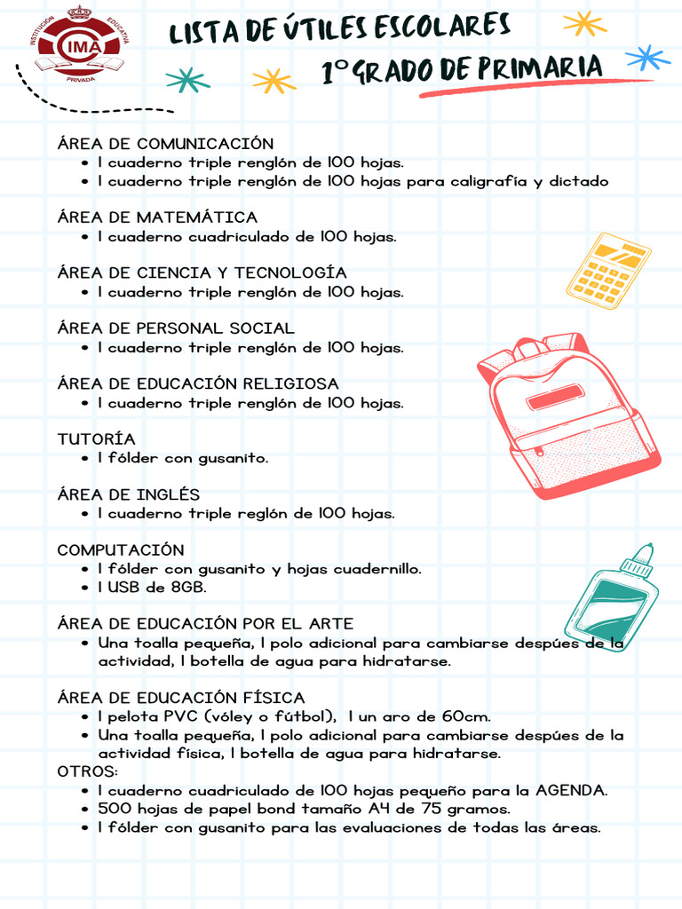 Lista de Útiles 1° Grado Primaria 2025 | PDF | Ropa | Moda