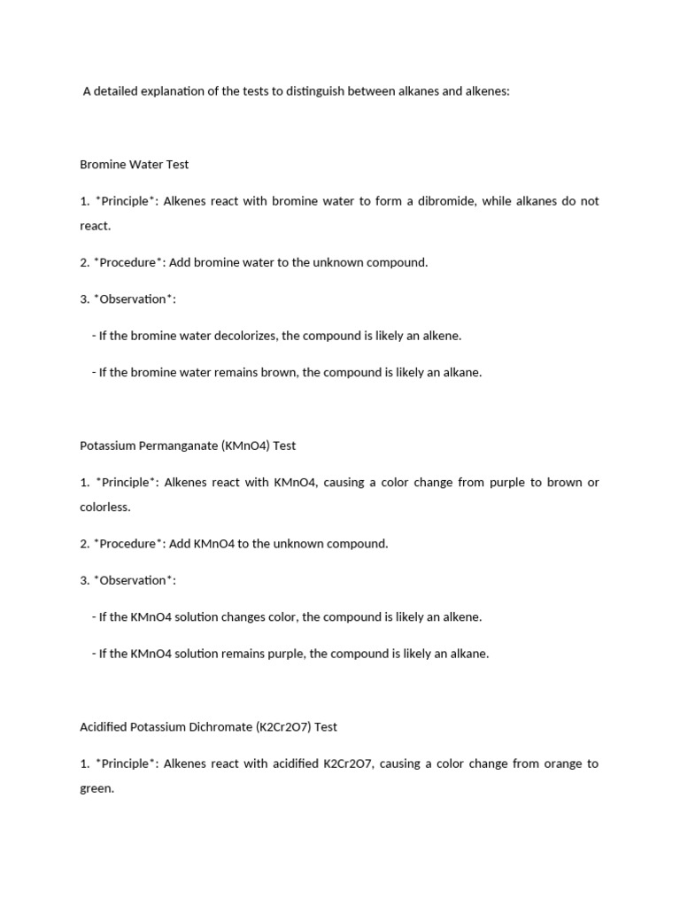 Distinguishing Alkanes from Alkenes Tests | PDF