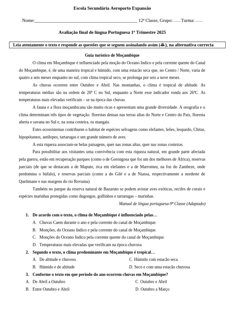 Avaliação Trimestral de Língua Portuguesa | PDF | Moçambique ...
