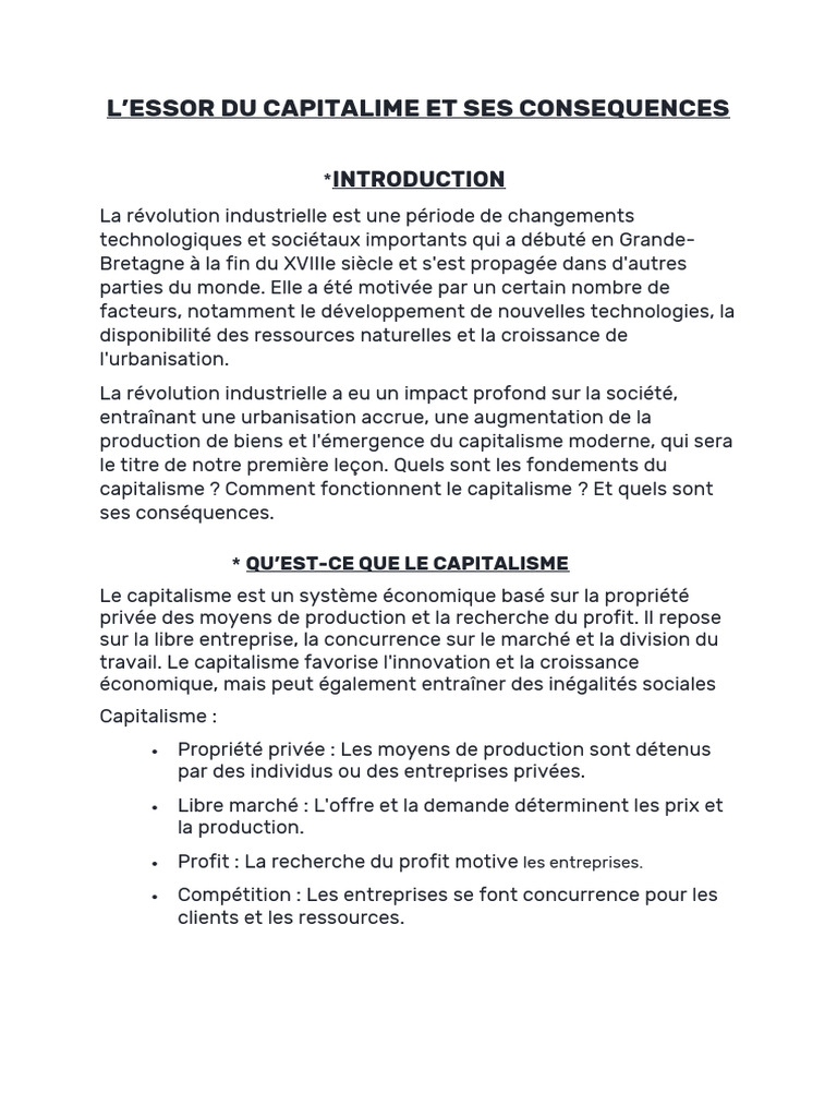 Essor Du Capitalisme Et Ses Impacts PDF