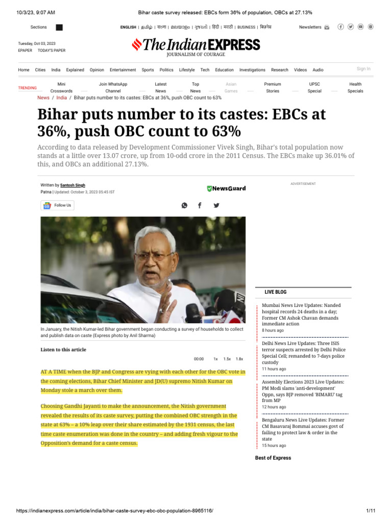 Bihar Caste Survey: EBCs 36%, OBCs 63% | PDF | Politics Of India