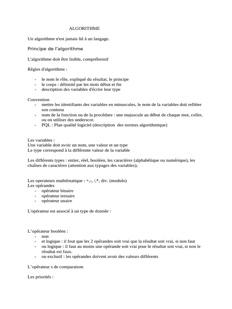 Guide Complet sur les Algorithmes et Variables | PDF | Variable ...