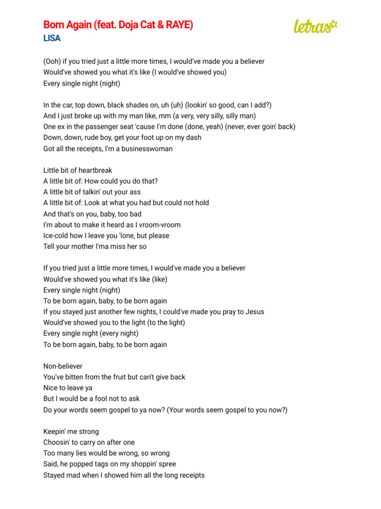 Born Again Lyrics: Lisa ft. Doja Cat & RAYE | PDF