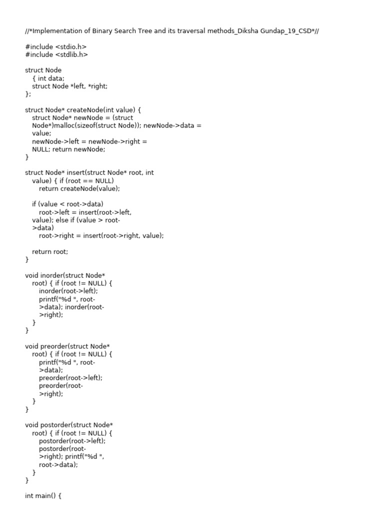 Binary Search Tree Implementation in C | PDF