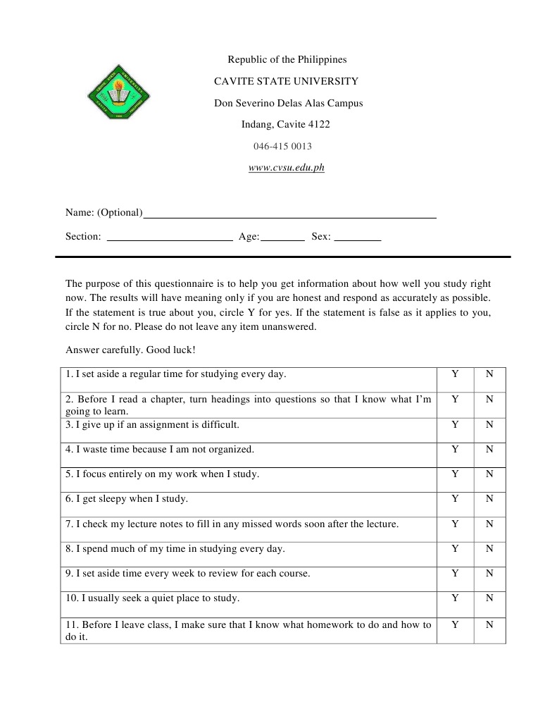 Study Habits Self-Assessment Questionnaire | PDF