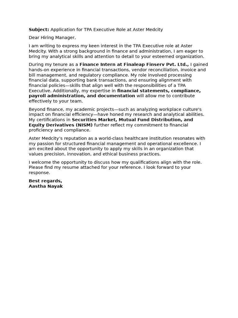 Application for TPA Executive Role | PDF