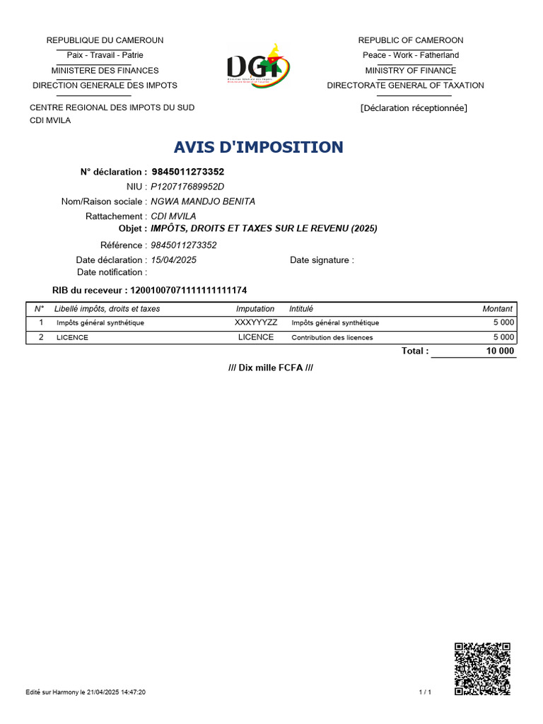 Avis d'imposition 2025 - Impôts et taxes | PDF