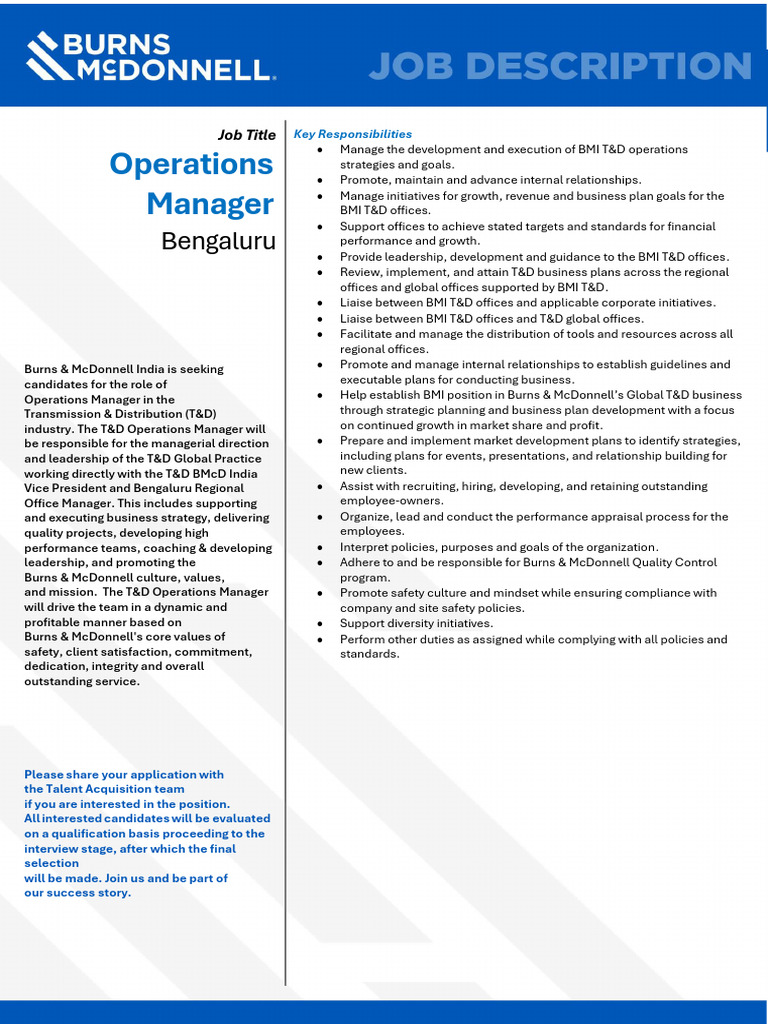 T&D Operations Manager Position in Bengaluru | PDF | Leadership | Business