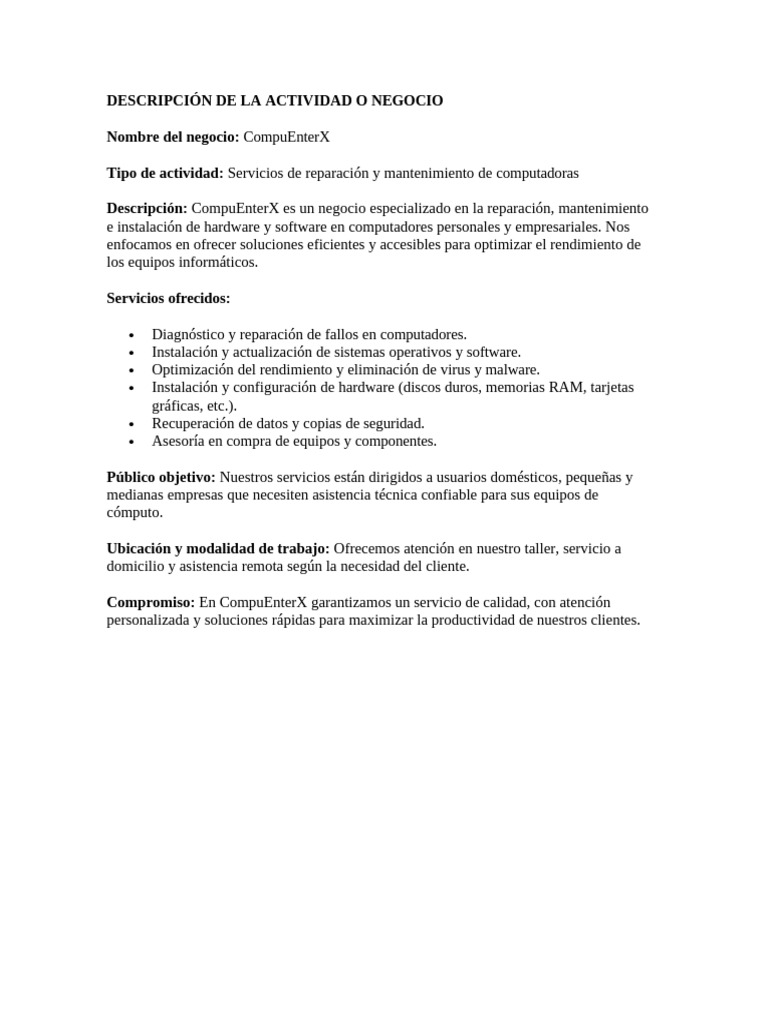 Descripcion de La Actividad o Negocio | PDF