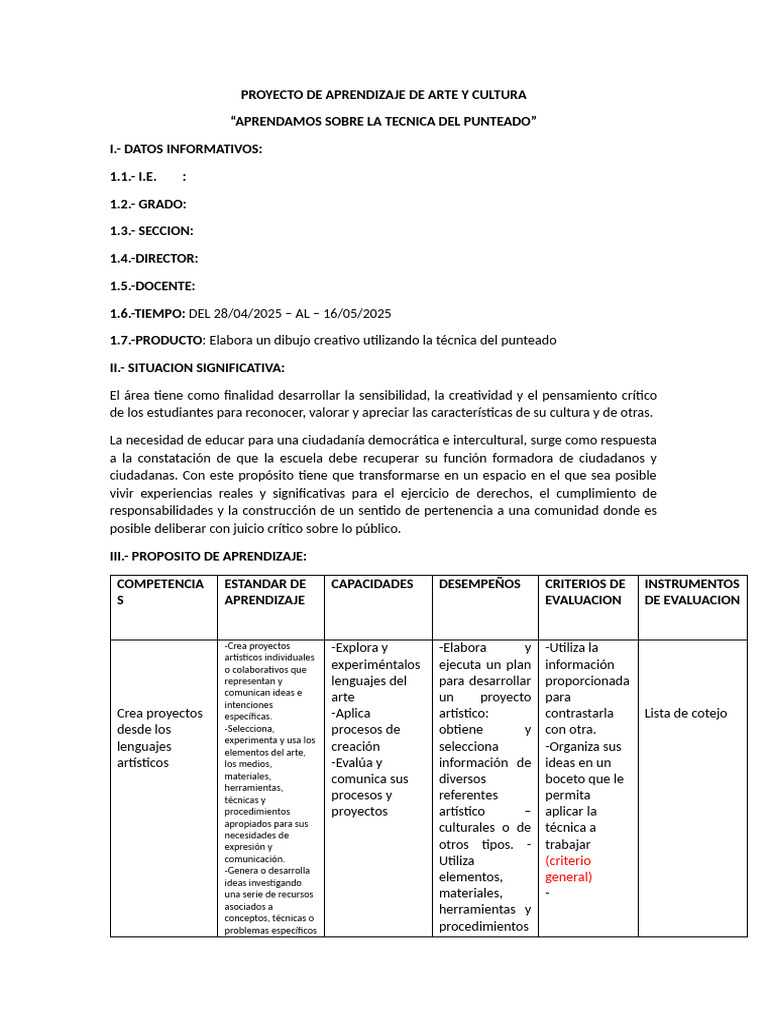 Proyecto de Aprendizaje de Arte y Cultura | PDF | Evaluación | Aprendizaje