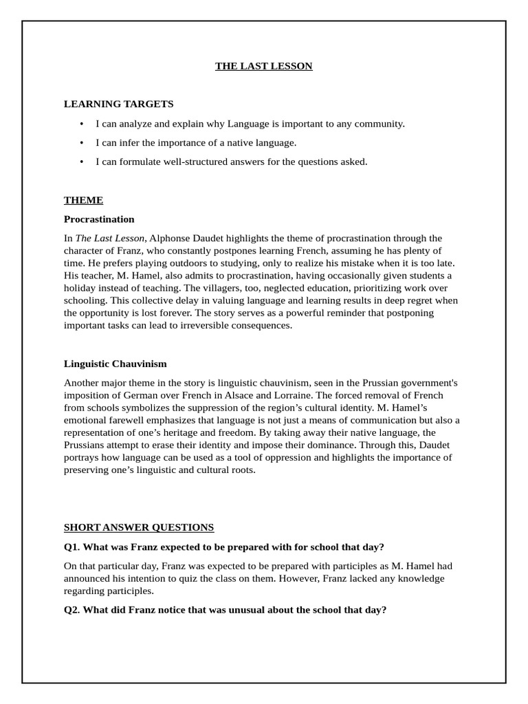 Linguistic Chauvinism in The Last Lesson | PDF