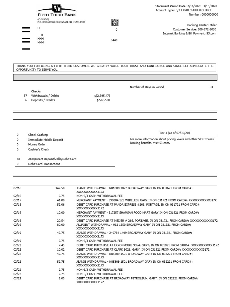 Fifth Third Bank Statement Summary | PDF | Credit Card | Cash