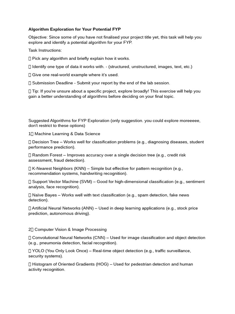 Algorithm Exploration For Your Potential FYP | PDF | Machine Learning ...