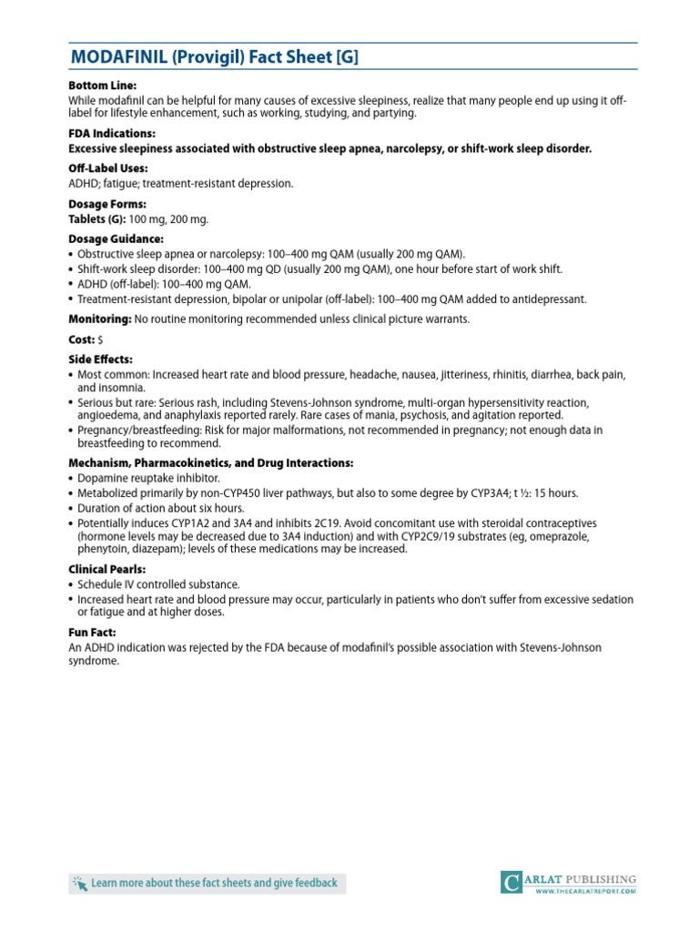 Modafinil (Provigil) Fact Sheet Guide | PDF