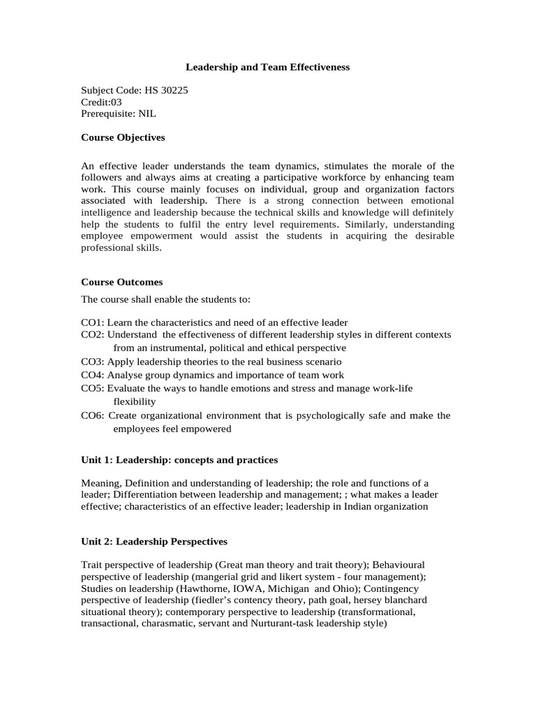 Leadership and Team Effectiveness Course | PDF | Leadership | Emotional ...