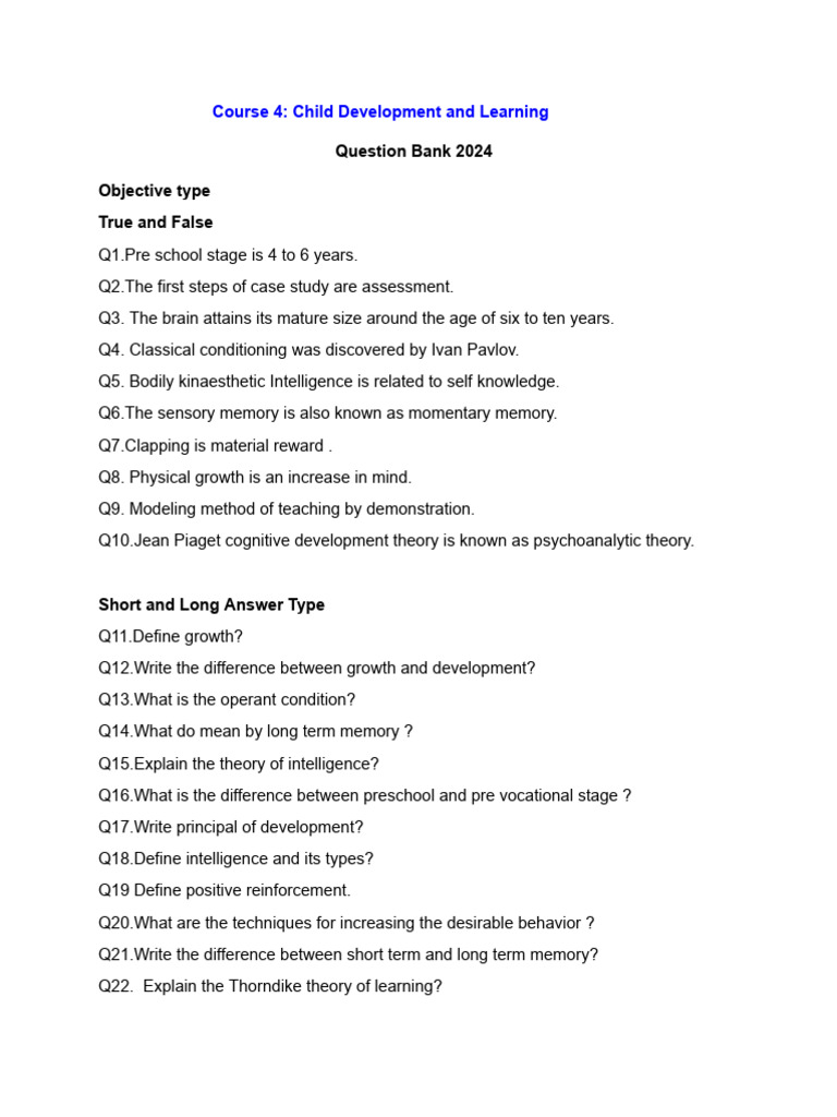 Short Answer Key for Child Development | PDF | Curriculum | Educational ...