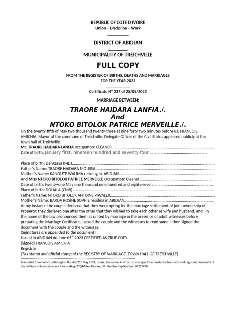 Marriage Certificate - Traore & Ntoko 2023 | PDF | Family | Living ...