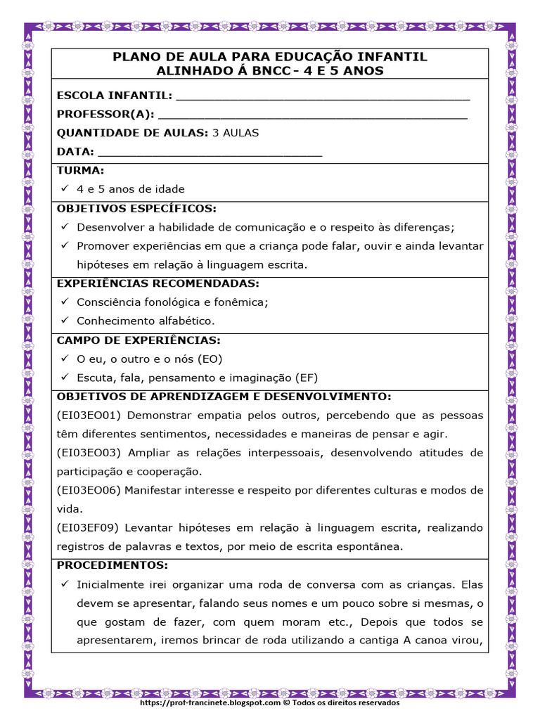 Plano de Aula BNCC: Alfabeto 4 e 5 Anos | PDF | Pré-escola | Pensamento