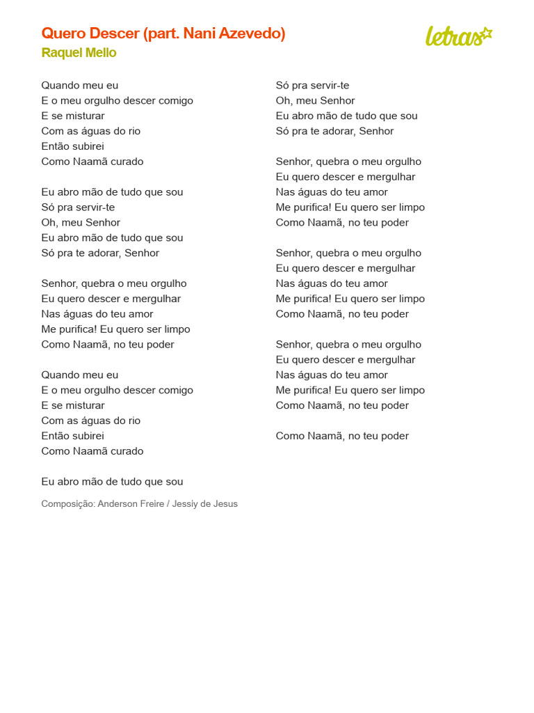 QUERO DESCER (PART. NANI AZEVEDO) - Raquel Mello (Impressão) | PDF