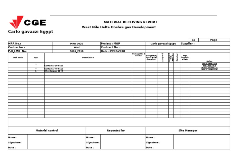Material Receiving Report - West Nile Delta | PDF