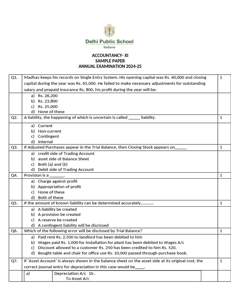 Accountancy XI Sample Paper 2024-25 | PDF | Debits And Credits ...