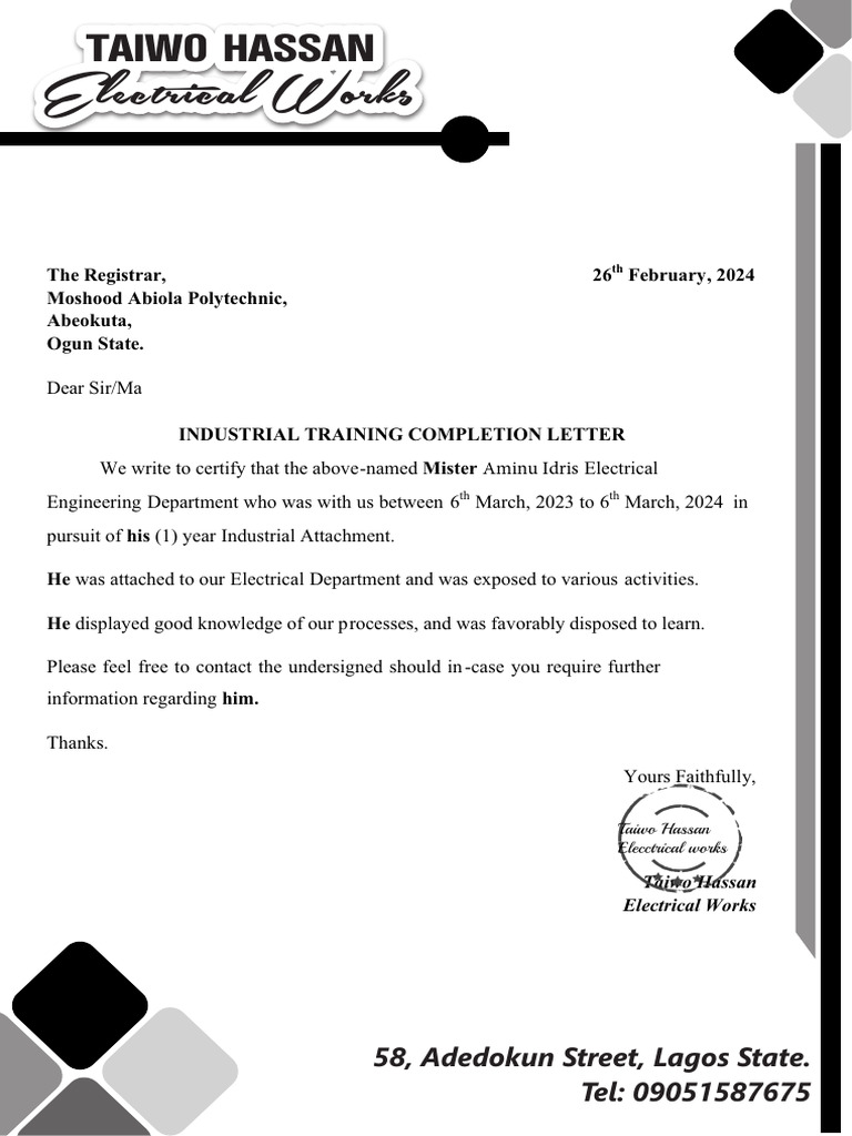 Industrial Training Completion Letter | PDF