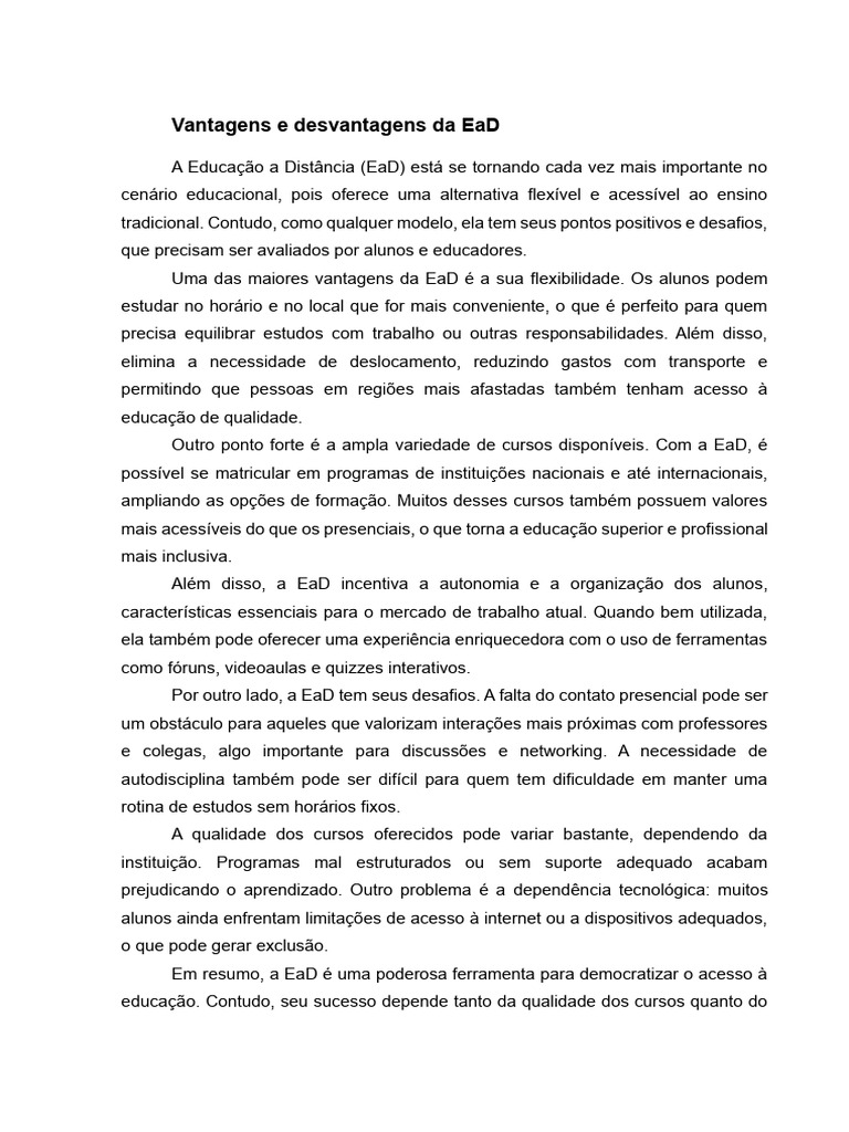 Vantagens e Desvantagens Da EaD | PDF