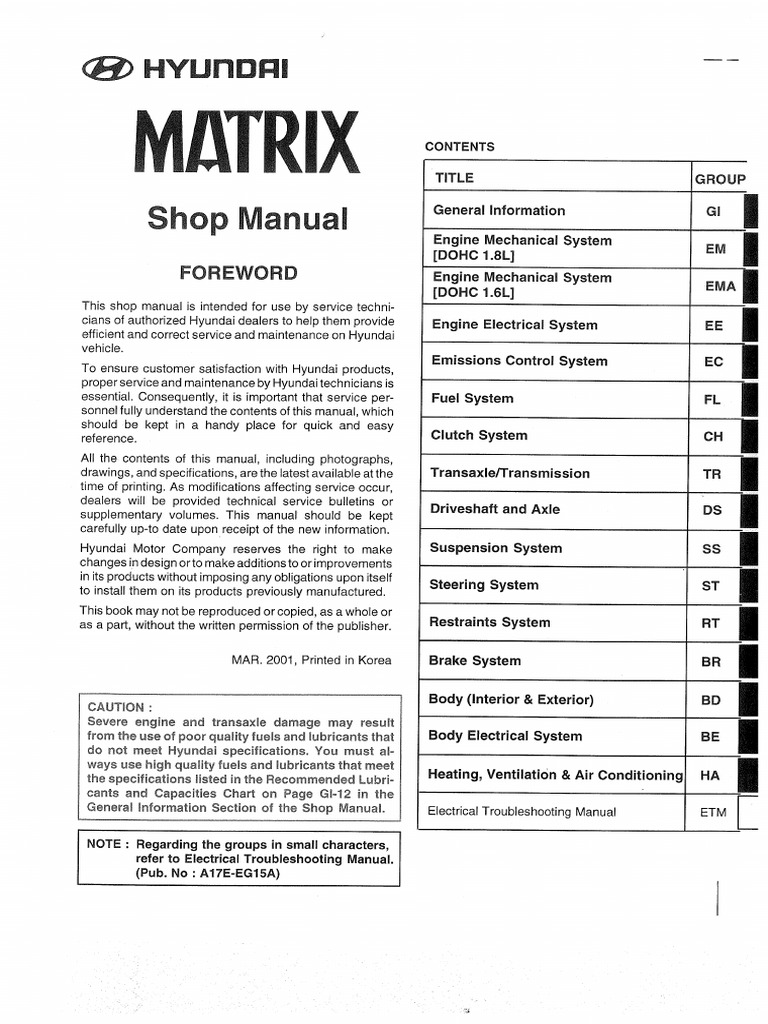 Hyundai Matrix 2001 Workshop Manual | PDF